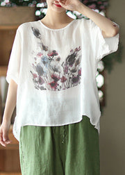 Handmade White Print Ramie T Shirt Short Sleeve