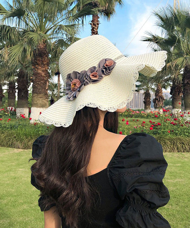 Handmade White Rose Straw Woven Floppy Sun Hat