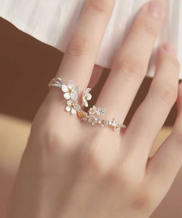 Handmade White Sterling Silver Big Floral And Small Floral Two Piece Set Rings