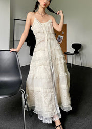 Handmade White V Neck Embroideried Button Lace Maxi Dress Summer