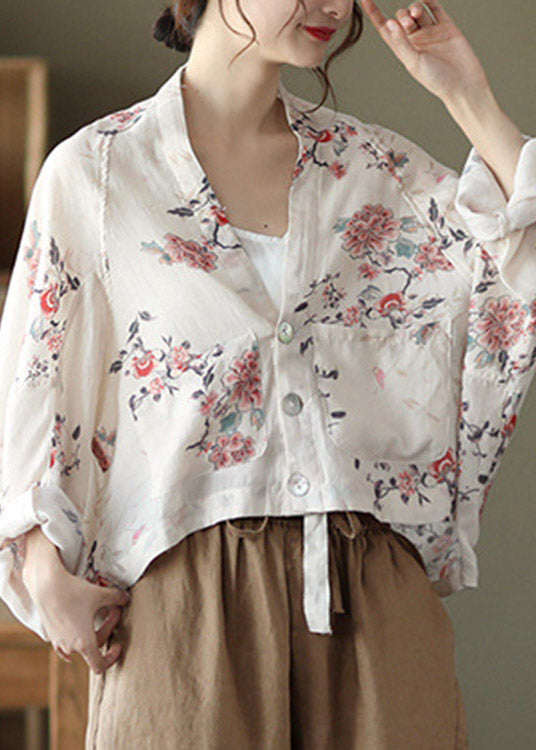 Handmade White V Neck Print Button Linen Shirt Batwing Sleeve