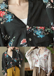 Handmade White V Neck Print Button Linen Shirt Batwing Sleeve