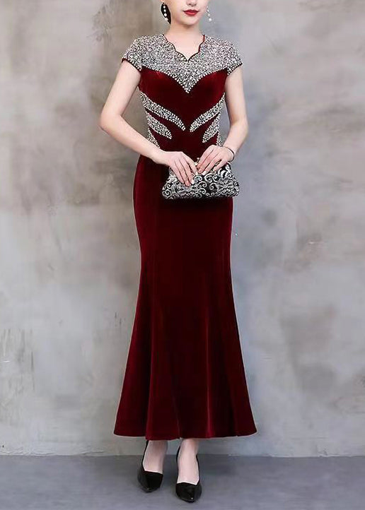 Handmade Wine Red Zircon Patchwork Silk Long Dresses Summer