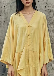 Handmade Yellow Asymmetrical Patchwork Cotton Mid Dress Summer