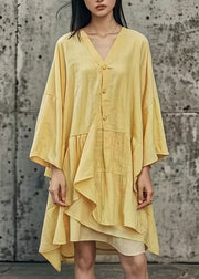 Handmade Yellow Asymmetrical Patchwork Cotton Mid Dress Summer