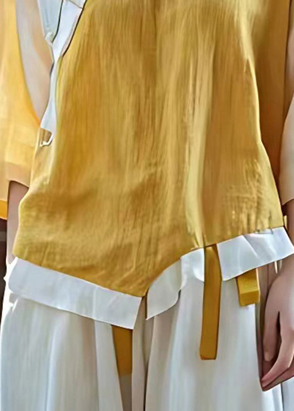Handmade Yellow Asymmetrical Patchwork Linen Oriental Top Summer