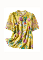 Handmade Yellow Chinese Button Patchwork Print Silk Tops Summer