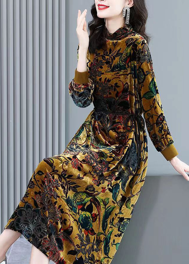 Handmade Yellow Hign Neck Print Velour Long Dresses Fall