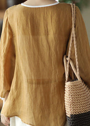 Handmade Yellow O Neck Patchwork Linen Shirt Top Summer