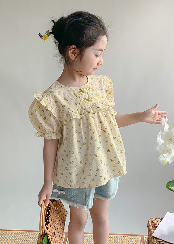 Handmade Yellow O-Neck Print Button Girls Shirts Summer