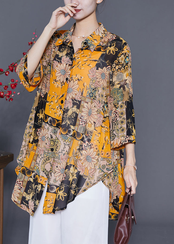 Handmade Yellow Oversized Print Chiffon Shirts Summer