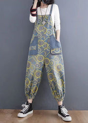 Handmade Yellow Print Denim Spaghetti Strap Jumpsuits Spring