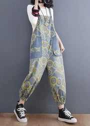 Handmade Yellow Print Denim Spaghetti Strap Jumpsuits Spring