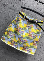 Handmade Yellow Print Pockets Patchwork Denim Skirt Summer