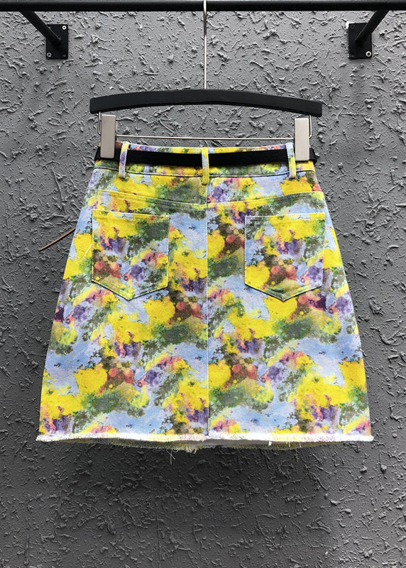 Handmade Yellow Print Pockets Patchwork Denim Skirt Summer