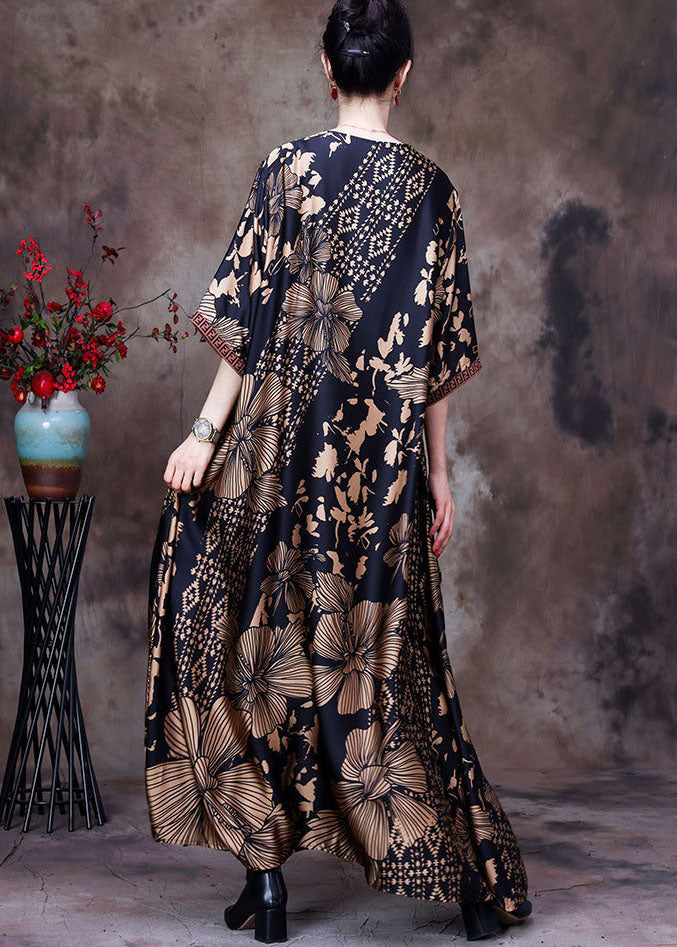 Handmade Yellow V Neck Asymmetrical Print Silk Long Dress Short Sleeve