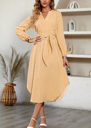 Handmade Yellow V Neck Striped Tie Waist Cotton Dress Fall