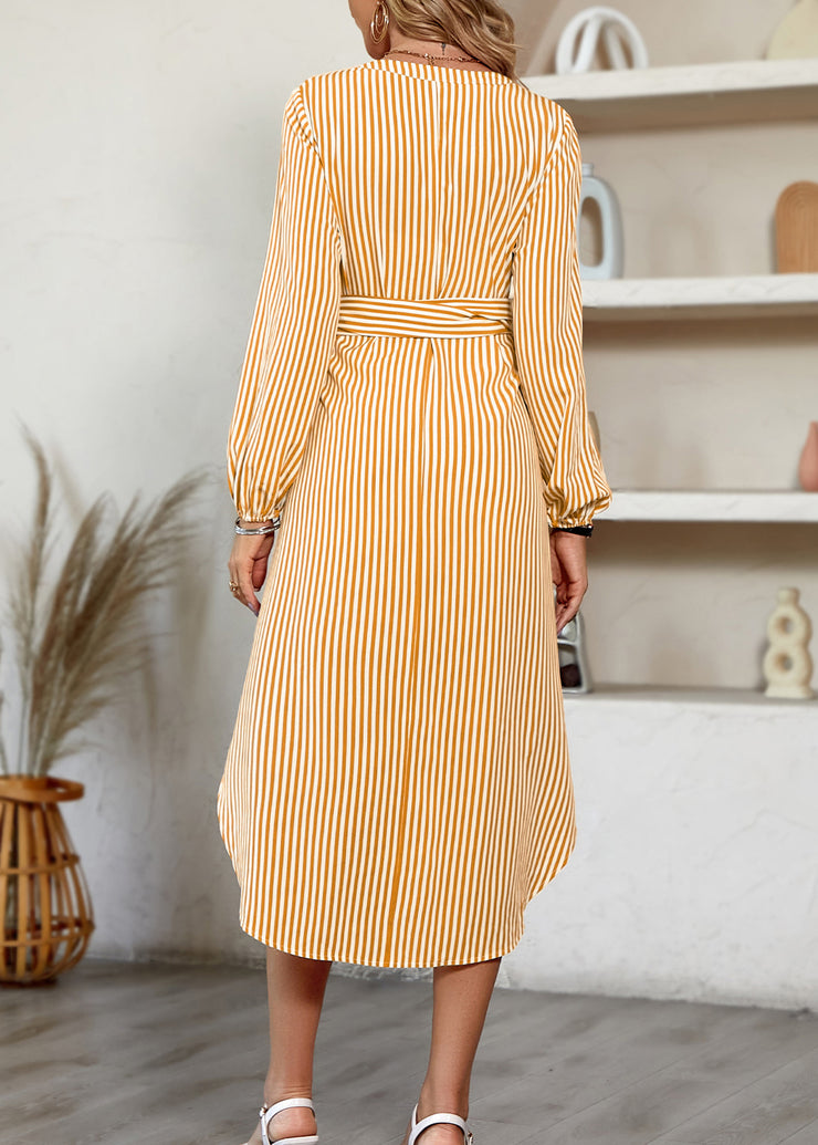 Handmade Yellow V Neck Striped Tie Waist Cotton Dress Fall