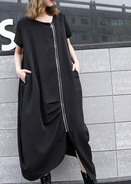 Handmade black asymmetric cotton Long Shirts zippered long summer Dress - bagstylebliss