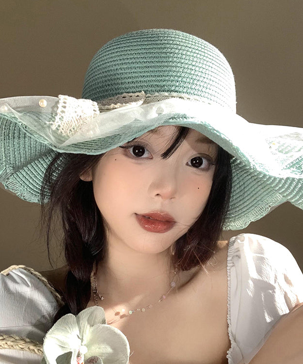 Holiday Style Light Green Tulle Nail Bead Straw Woven Floppy Sun Hat