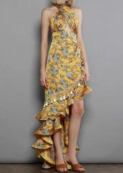 Irregular European and American Ruffled Edge Print Hanging Neck Backless Dress