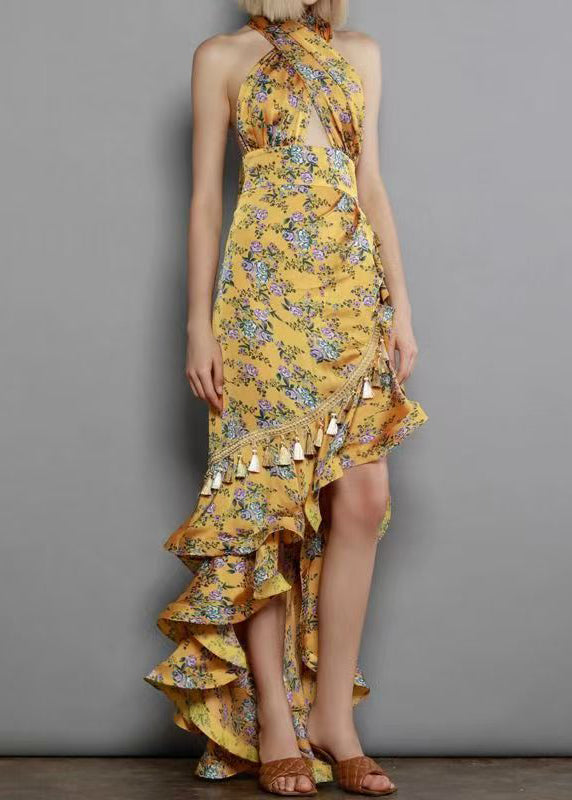 Irregular European and American Ruffled Edge Print Hanging Neck Backless Dress