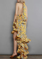 Irregular European and American Ruffled Edge Print Hanging Neck Backless Dress