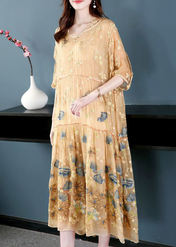 Italian Apricot Embroidered Hooded Extra Large Hem Silk Maxi Dresses Summer