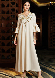 Italian Apricot V Neck Embroideried Long Dresses Flare Sleeve