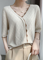 Italian Apricot V Neck Hollow Out Knit Sweaters Half Sleeve