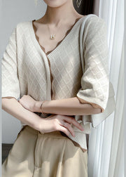 Italian Apricot V Neck Hollow Out Knit Sweaters Half Sleeve