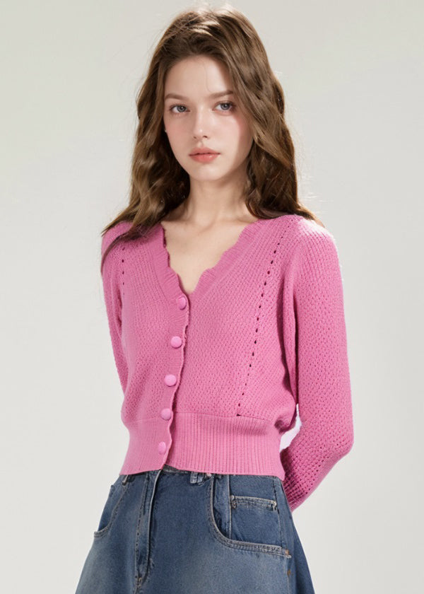 Italian Apricot V Neck Hollow Out Knitted Tops Fall