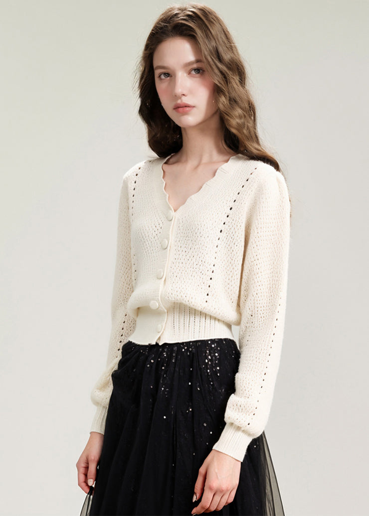 Italian Apricot V Neck Hollow Out Knitted Tops Fall