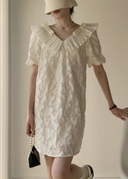 Italian Apricot V Neck Ruffled Patchwork Cotton Mid Dress Puff Sleeve