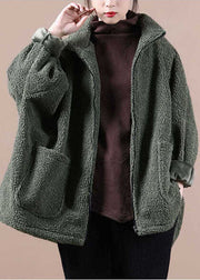 Italian Army Green Oversized Zippered Teddy Faux Fur Coat Winter