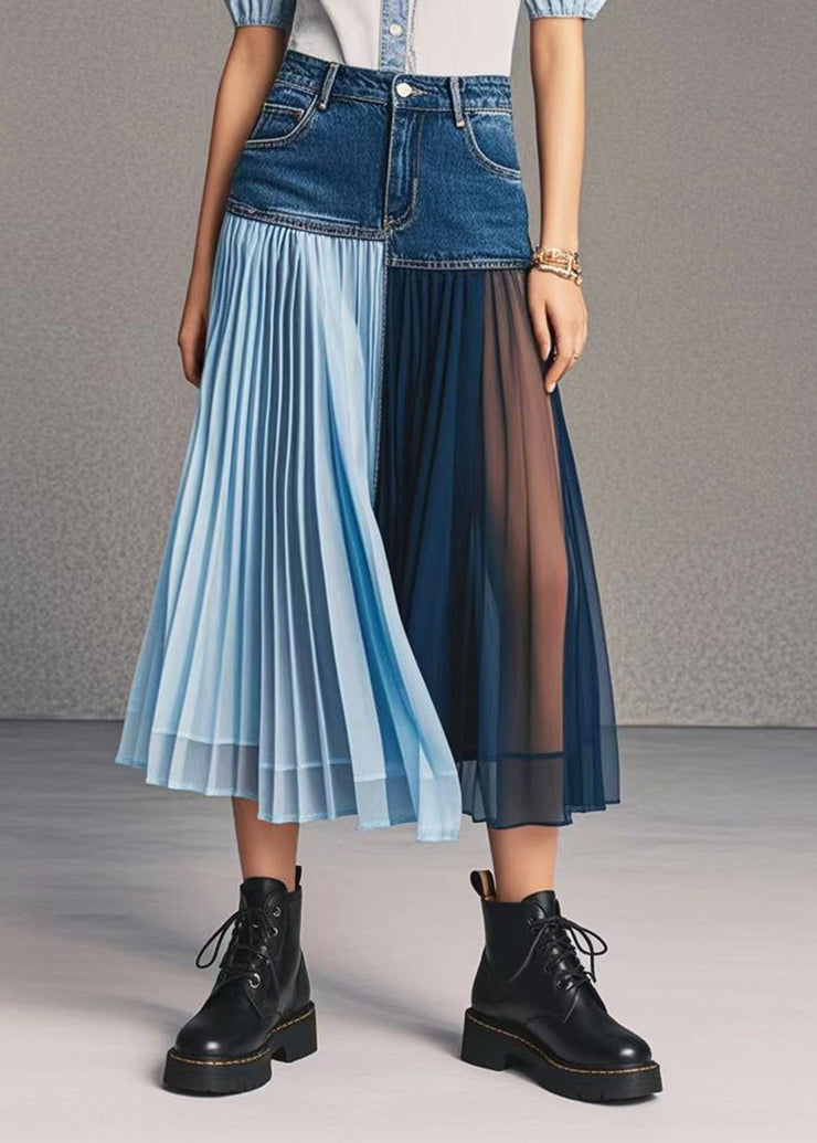 Italian Asymmetrical Patchwork Wrinkled Denim Skirt Fall