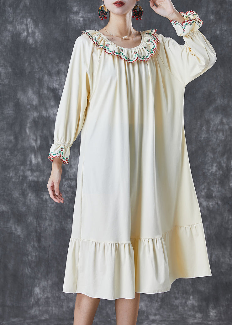 Italian Beige Embroidered Ruffles Cotton Maxi Dresses Fall