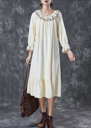 Italian Beige Embroidered Ruffles Cotton Maxi Dresses Fall