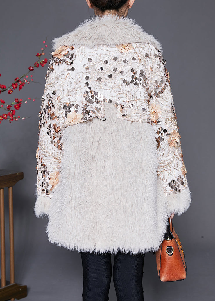 Italian Beige Floral Patchwork Faux Fur Coat Winter