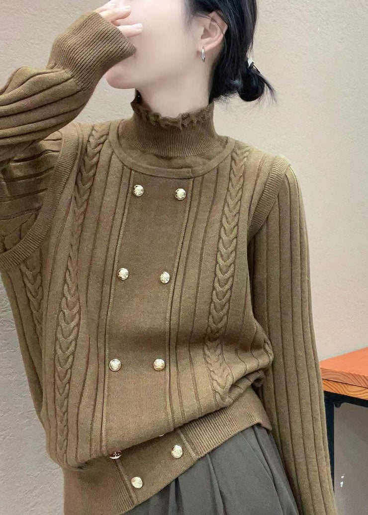 Italian Beige Ruffled False Two Pieces Woolen Sweater Tops Fall