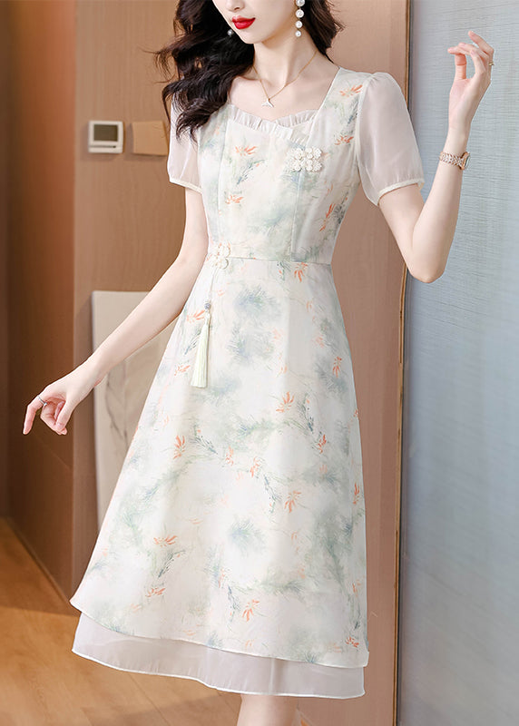 Italian Beige Ruffled Square Collar Print Chiffon Dresses Summer