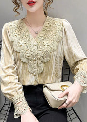 Italian Beige V Neck Patchwork Silk Velour Blouses Long Sleeve