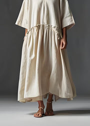 Italian Beige V Neck Wrinkled Patchwork Linen Long Dress Summer