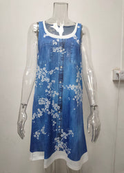 Italian Bird Print False Two Pieces Denim Mid Dress Sleeveless