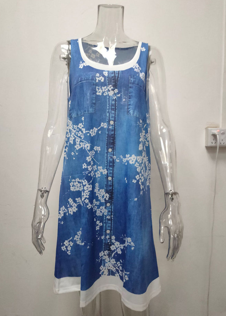 Italian Bird Print False Two Pieces Denim Mid Dress Sleeveless