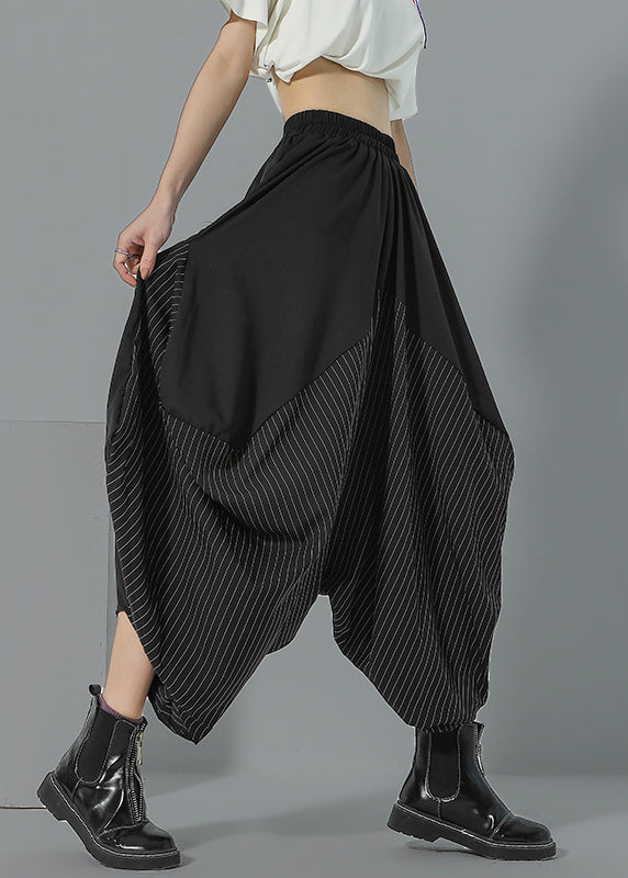 Italian Black Asymmetrical Pockets Striped Patchwork Wide Leg Pants Summer