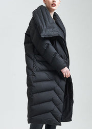 Italian Black Asymmetrical Zippered Duck Down Coat Winter