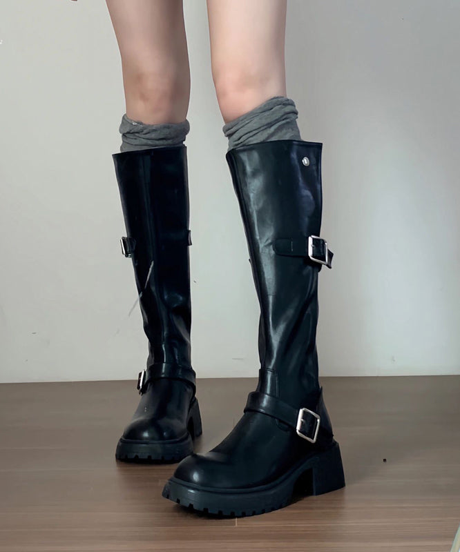 Italian Black Buckle Strap Splicing Chunky Long Boots