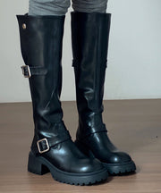 Italian Black Buckle Strap Splicing Chunky Long Boots