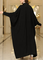 Italian Black Button Solid Cotton Maxi Dresses Batwing Sleeve